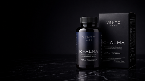 K-ALMA de Vento Labs — bote de 60 cápsulas de acetiltaurato de magnesio ATA Mg® con L-teanina, junto a su estuche